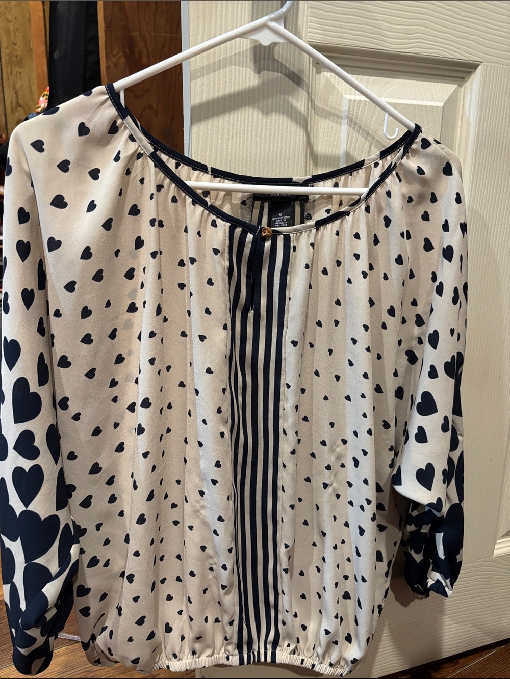 Alfani Cream Blouse with Navy  Heart Print and Striped Placket Trim